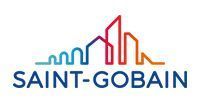 Logotipo de Saint-Gobain: horizonte urbano estilizado y colorido, degradado de azul a rojo, debajo el nombre de la empresa en azul.