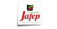 Logotipo para Pinturas Jafep: Lata de pintura con trazos verdes y rojos, texto rojo