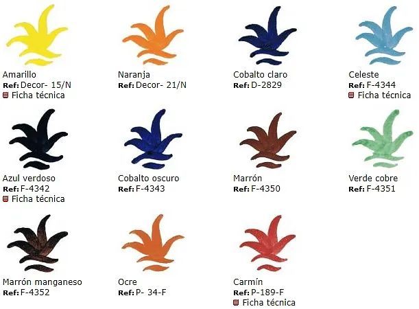 Muestras de color con nombres en español y referencias técnicas, presentando un logotipo floral.