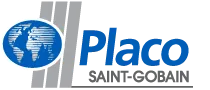 Logotipo de Placo Saint-Gobain: globo terráqueo, texto azul y rayas verticales grises.