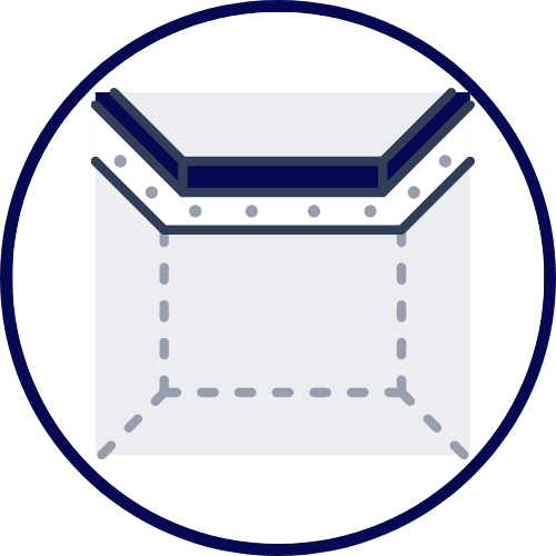 Ícono circular azul de un cubo blanco con una estructura en forma de V de color azul oscuro en la parte superior.