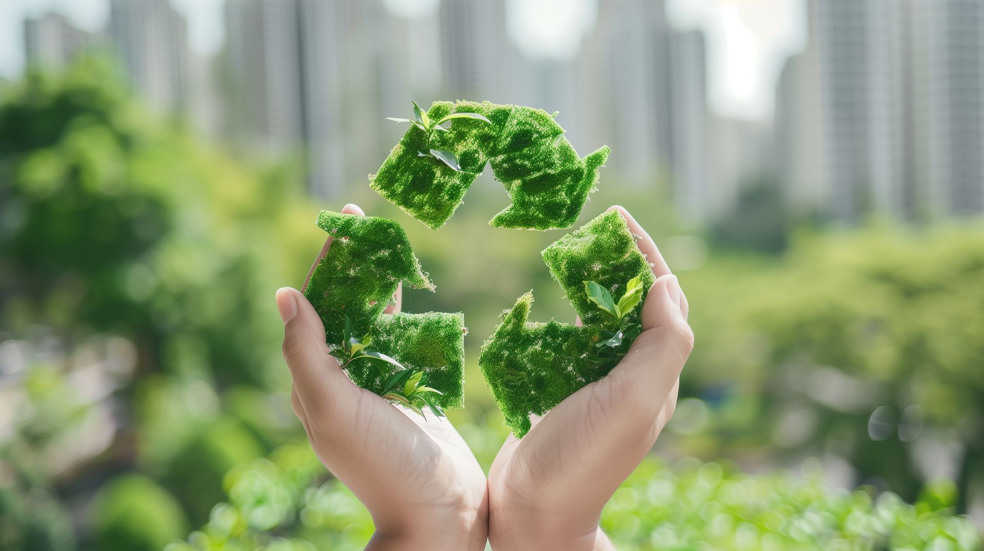 Manos sosteniendo un símbolo de reciclaje cubierto de césped verde, con un fondo de paisaje urbano.