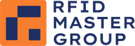 Logotipo de RFID Master Group, texto azul y cuadrado de formas azules y naranjas.
