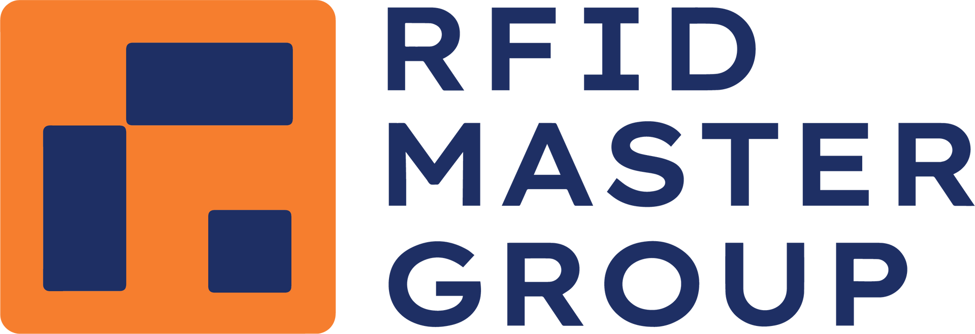 Logotipo de RFID Master Group, texto azul y cuadrado de formas azules y naranjas.