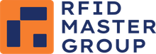 Logotipo de RFID Master Group, texto azul y cuadrado de formas azules y naranjas.