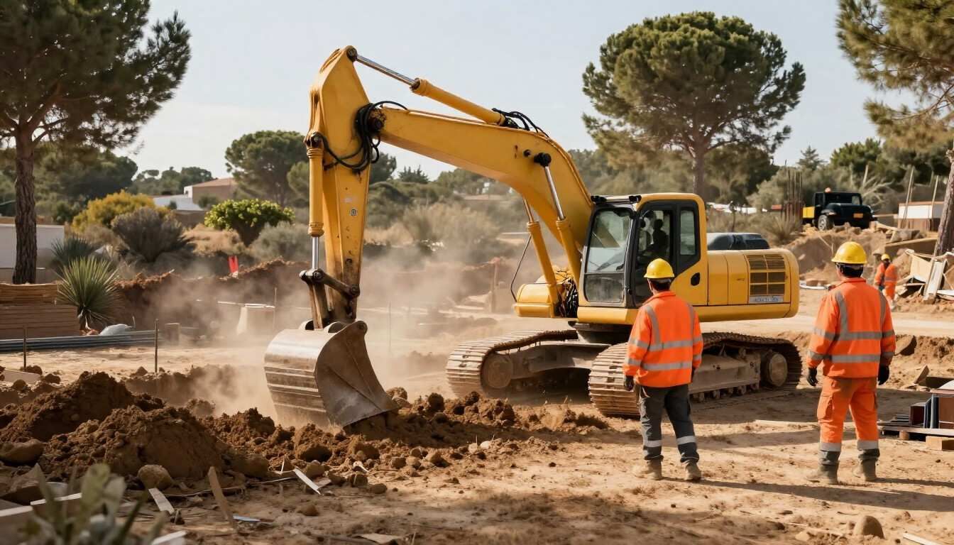 Obreros de la construcción junto a una excavadora amarilla que excava tierra en un terreno polvoriento al borde de la carretera.