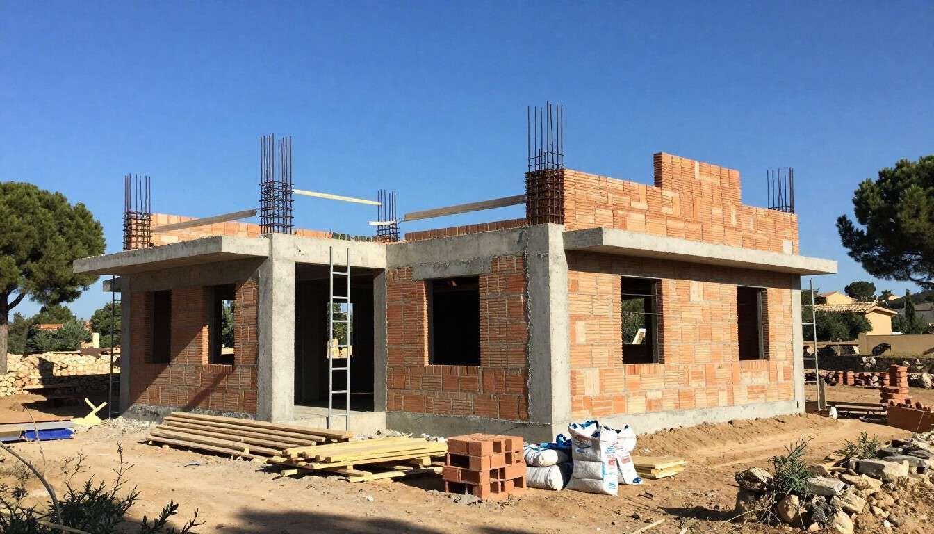 Casa de ladrillo parcialmente construida con columnas de hormigón y barras de refuerzo a la vista en una soleada obra.