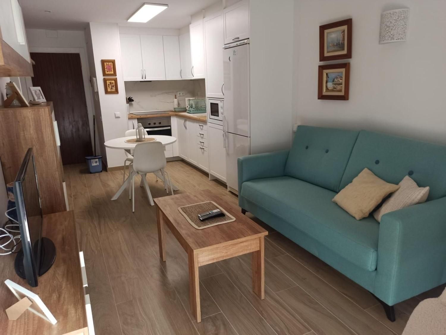 Pequeña sala de estar con sofá color turquesa, mesa de centro y una cocina blanca compacta al fondo.