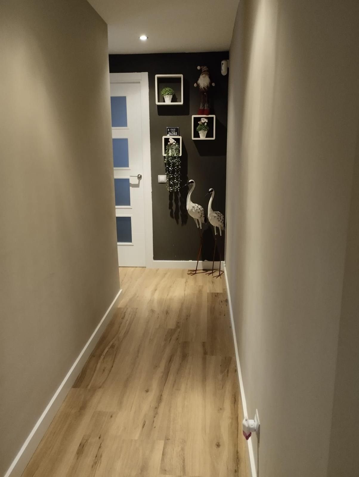 Pasillo estrecho con suelo de madera que conduce a una pared decorativa negra y una puerta blanca al final.