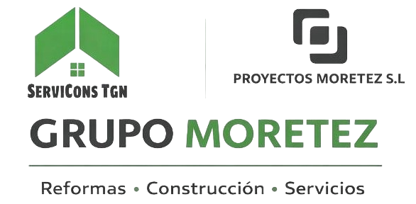 Logos de Servicons TGN y Proyectos Moretez S.L. con “GRUPO MORETEZ” y lema “Reformas · Construcción · Servicios”