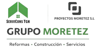 Logos de Servicons TGN y Proyectos Moretez S.L. con “GRUPO MORETEZ” y lema “Reformas · Construcción · Servicios”