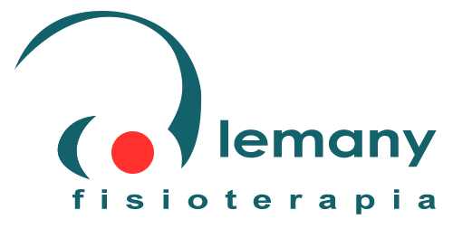 Logotipo para Lemany Fisioterapia: arco verde azulado sobre un círculo rojo, seguido del texto "lemany" y "fisioterapia" en verde azulado.