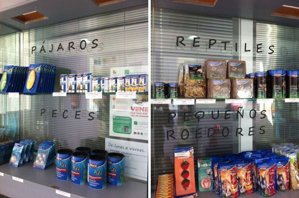 Dos fotografías de una tienda en la que se exhiben aves y reptiles.