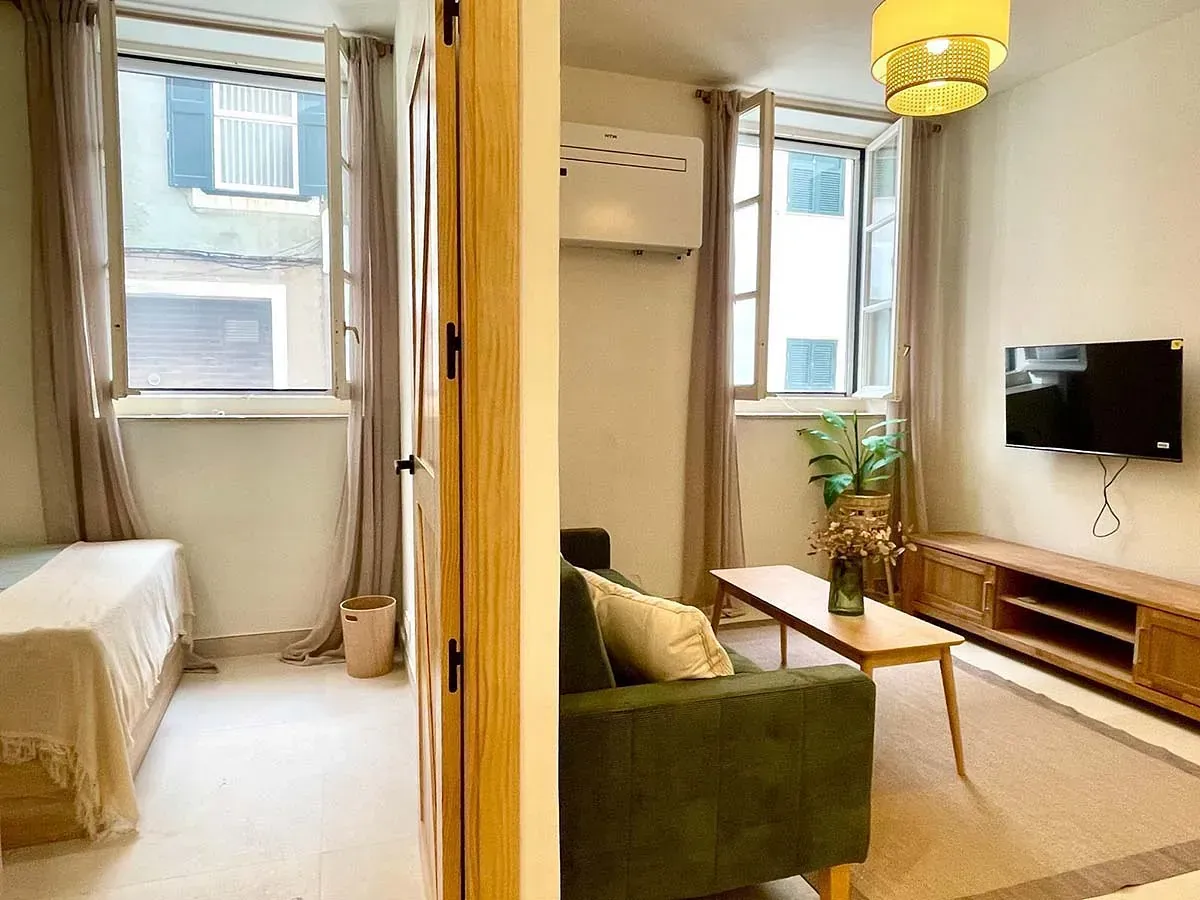 Un dormitorio con una cama y una sala de estar con un sofá y una televisión.