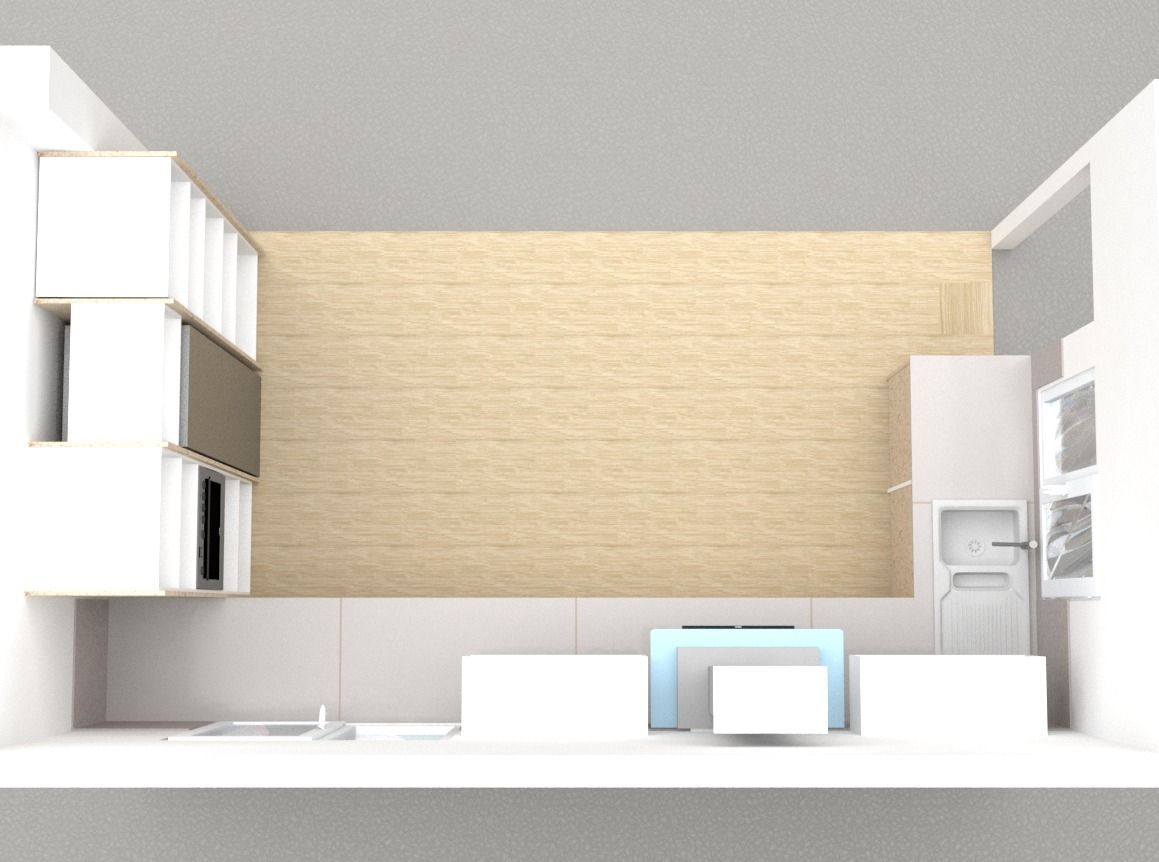 Una imagen generada por computadora de una cocina con gabinetes blancos.