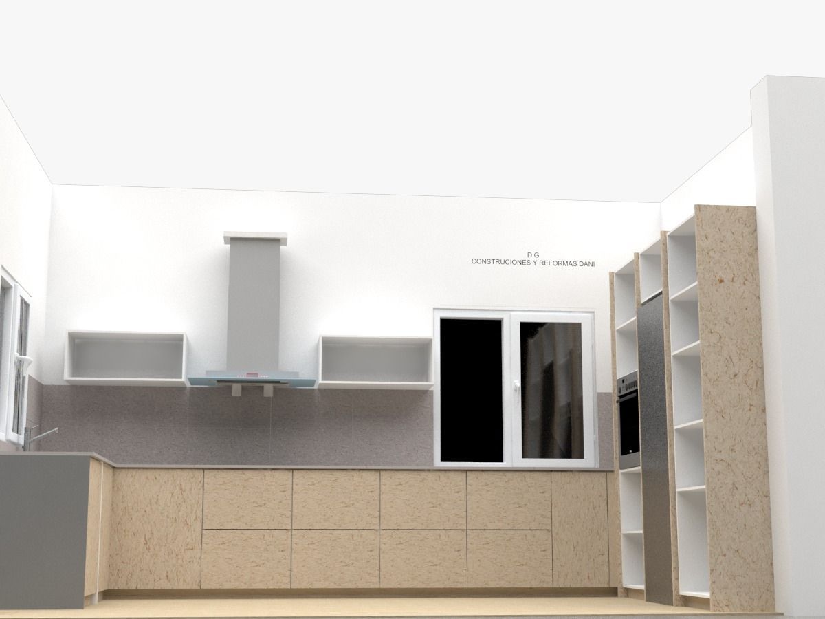 Una representación 3D de una cocina con gabinetes de madera y electrodomésticos de acero inoxidable.
