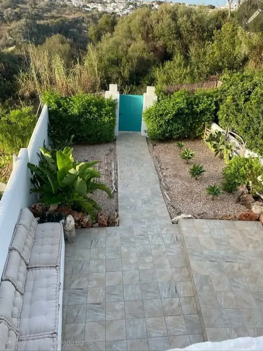 Un patio con un sofá y una puerta azul.