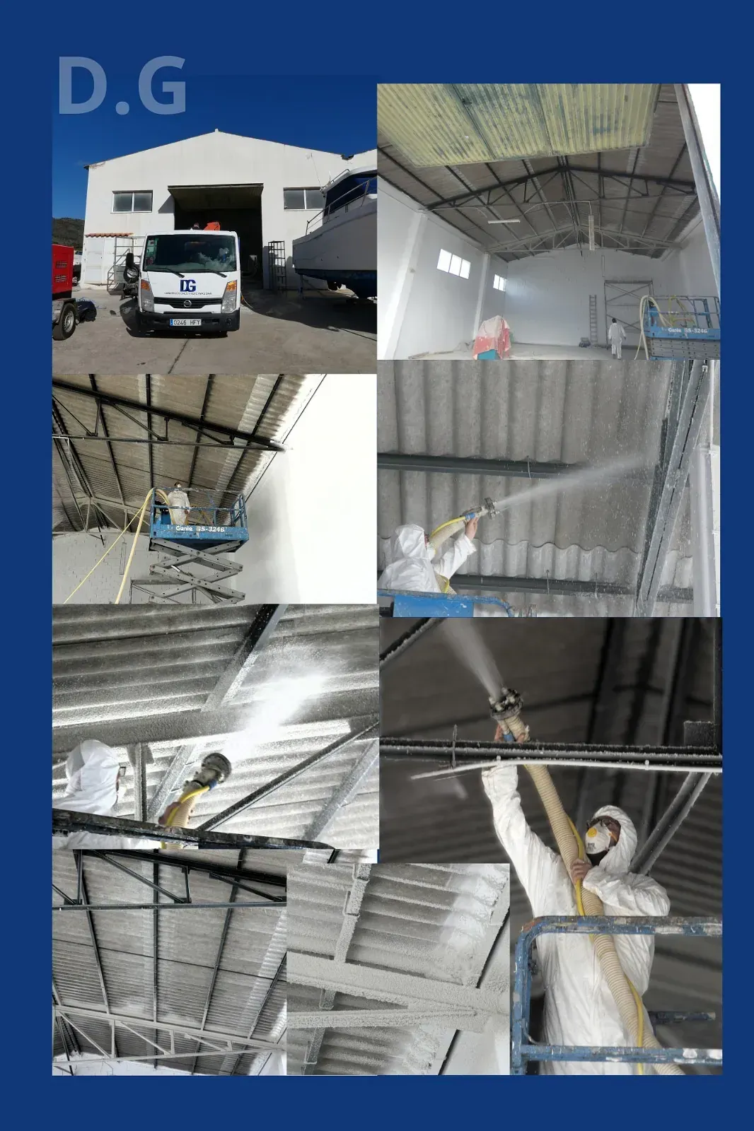 Un collage de imágenes de un edificio siendo rociado con espuma.