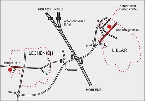 Eine Karte mit der Lage von Lecheich und Liblar