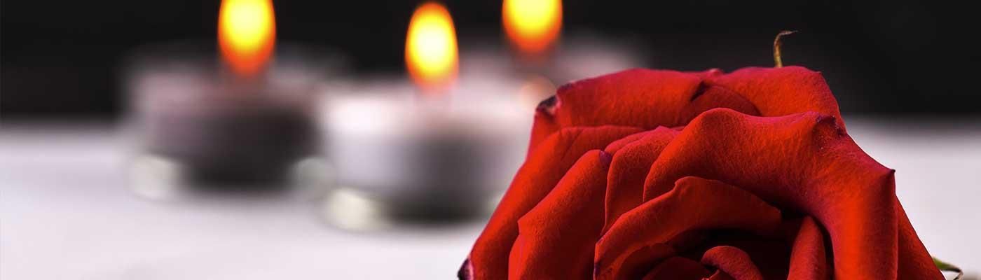 Bestattungen Birkhölzer Eine Nahaufnahme einer roten Rose mit Kerzen im Hintergrund.