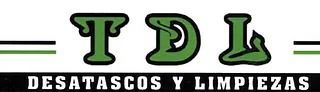 Logotipo con las letras “TDL” en verde y el texto “Desatascos y limpiezas” en negro sobre un fondo blanco.