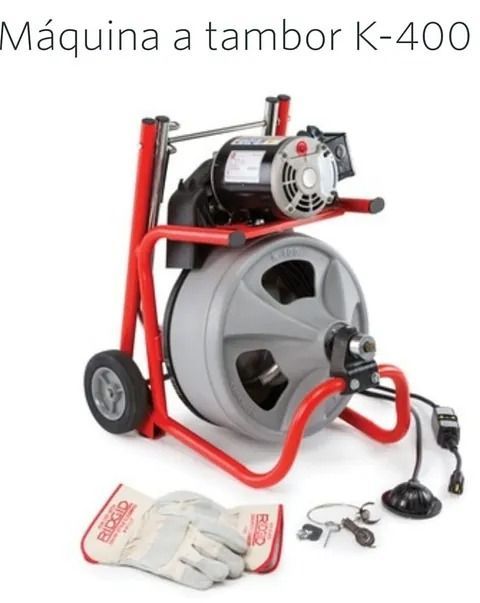 Máquina destapacaños K-400 roja con tambor gris, cable y guantes de trabajo