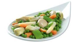 Un plato blanco cubierto con verduras mixtas sobre un fondo blanco.