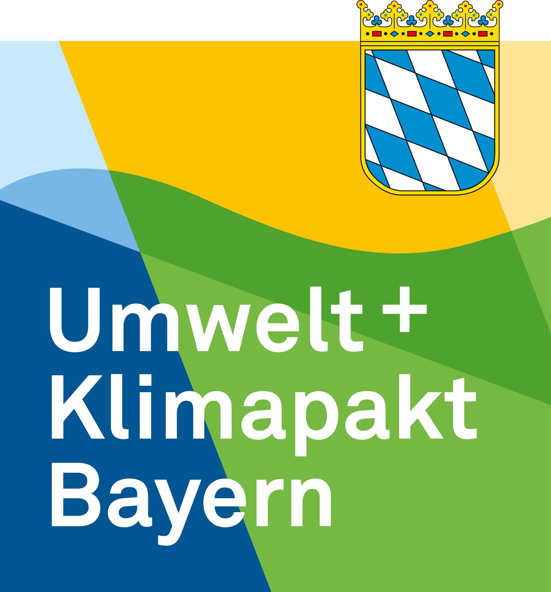 Logo von Umwelt + Klimapakt Bayern mit bayerischem Wappen. Text über farbigen grünen und blauen Formen.