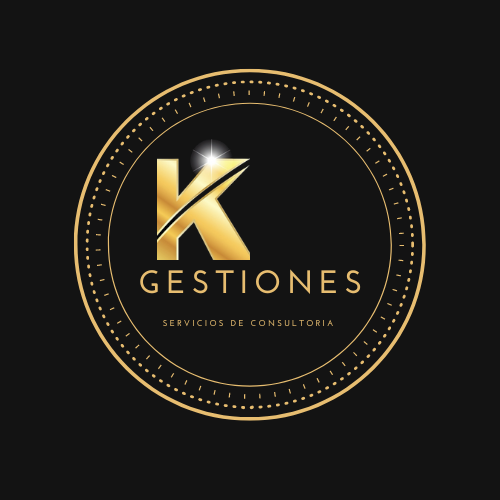 Un logotipo dorado para K-Gestions sobre un fondo negro.