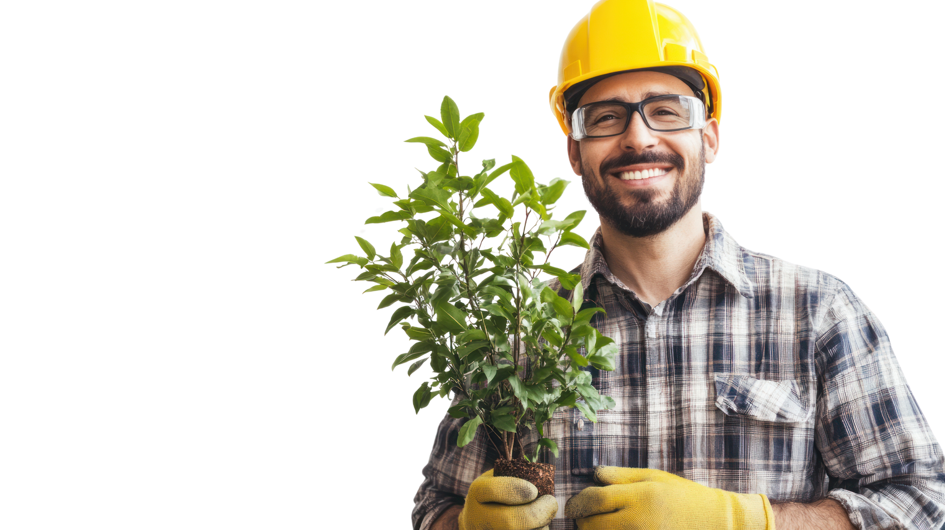 Paysagiste souriant avec une plante dans les mains
