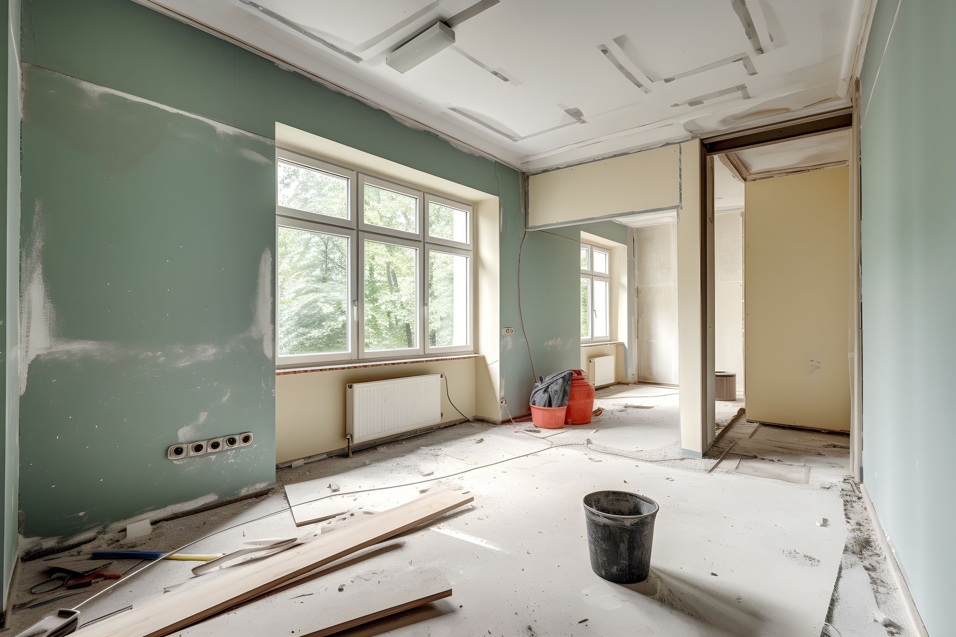 Ein Raum, der umgebaut wird, mit einem Eimer auf dem Boden. Mercuri Gipser & Maler AG