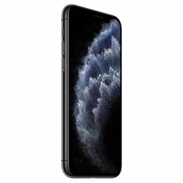 Smartphone negro con un fondo de pantalla abstracto oscuro, mostrado en ángulo sobre un fondo blanco.