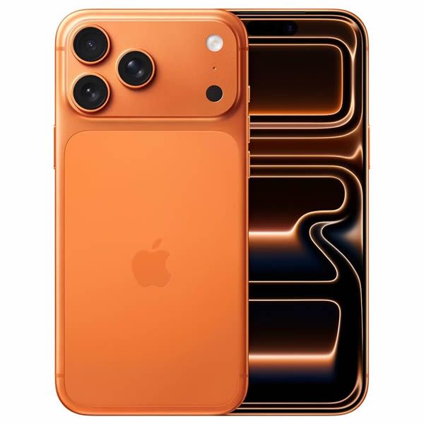 IPhone naranja con triple cámara, vista frontal y trasera sobre un fondo naranja oscuro.