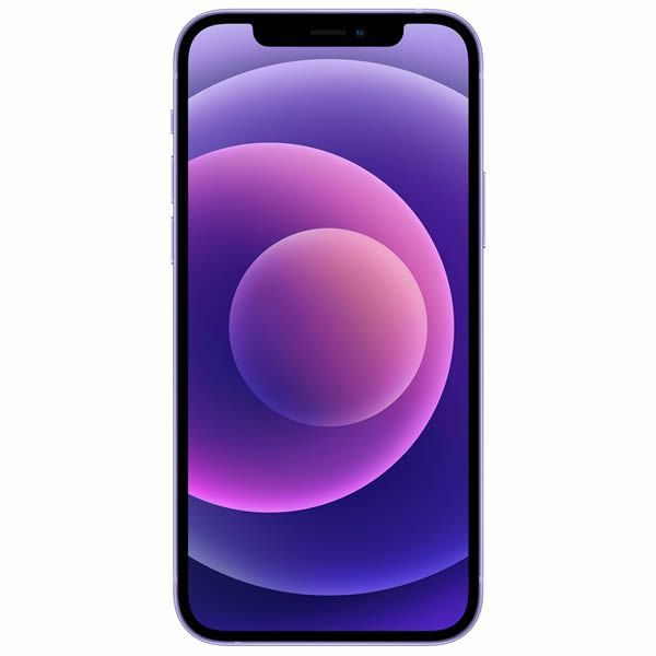 Smartphone negro con un fondo de pantalla abstracto morado sobre fondo blanco.
