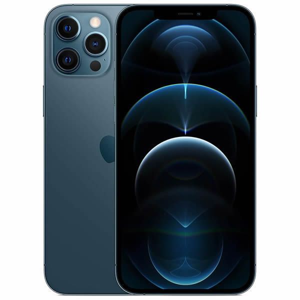 Se muestra un iPhone azul por delante y por detrás con triple cámara y un fondo de pantalla abstracto oscuro.