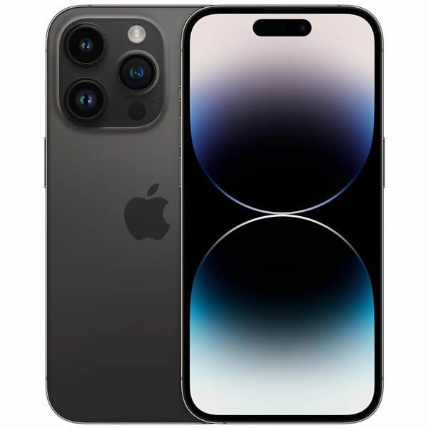 Dos iPhones negros, uno delante y otro detrás, con una pantalla de degradado oscuro y un diseño de triple cámara trasera.