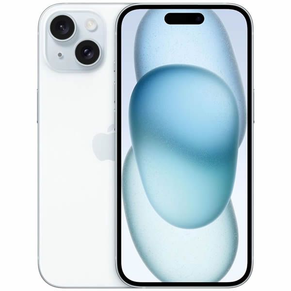 Smartphone blanco mostrado de frente y de atrás, con cámaras traseras duales y fondo de pantalla abstracto azul.