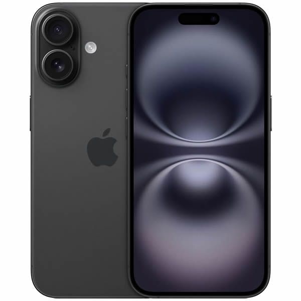 IPhone negro con doble cámara trasera, mostrado por delante y por detrás sobre un fondo blanco.