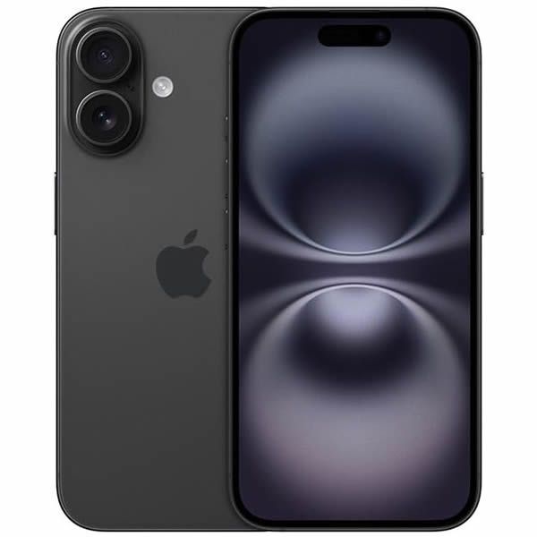 Se muestra un iPhone negro por delante y por detrás, con cámaras traseras duales y un fondo de pantalla abstracto oscuro.