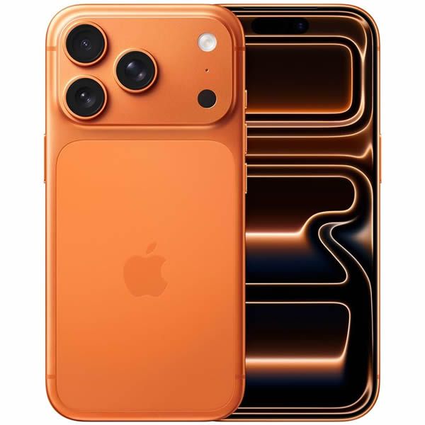 IPhone 16 Pro naranja, vista frontal y trasera, mostrando la triple cámara y la pantalla brillante.