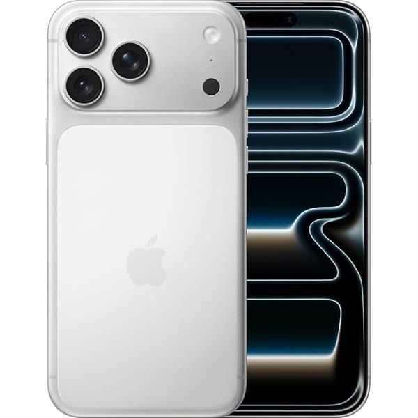 Dos iPhones plateados, uno delante y otro detrás, con cámaras traseras triples y una pantalla negra estilo neón.
