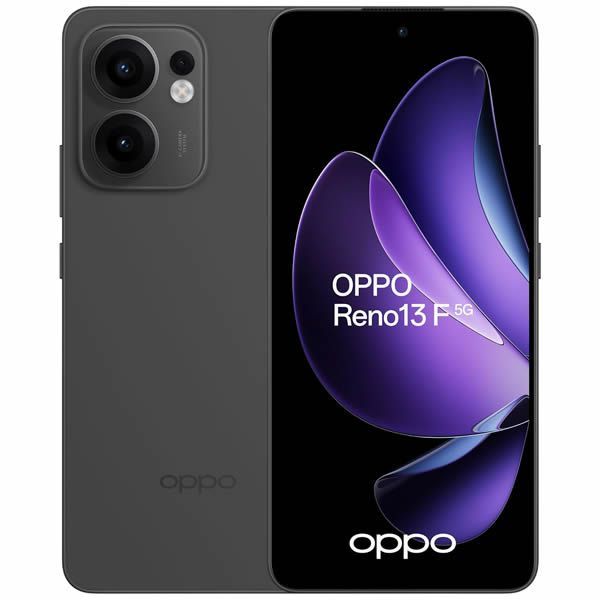 Se muestra el smartphone OPPO Reno13 F por delante y por detrás, de color gris oscuro con pantalla morada.