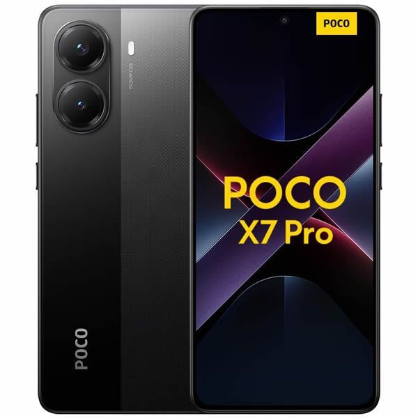 Vista frontal y trasera del smartphone POCO X7 Pro, color negro con logotipo amarillo y doble cámara trasera.