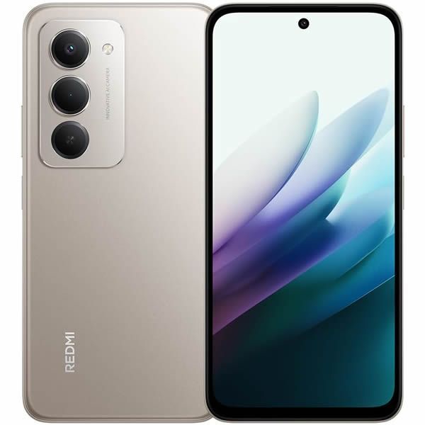 Smartphone Redmi mostrado por delante y por detrás en color plata, con triple cámara trasera