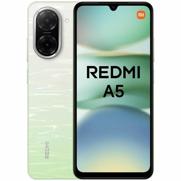 Vista frontal y trasera de un smartphone Redmi A5 blanco-verde con doble cámara trasera.