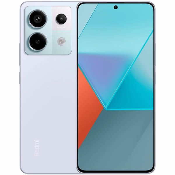 Smartphone bicolor mostrado por delante y por detrás, con triple cámara trasera y fondo de pantalla geométrico azul-naranja.