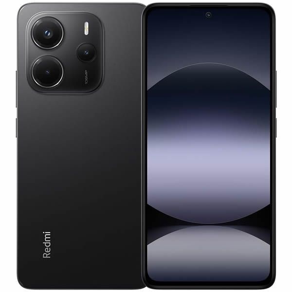 Se muestra el smartphone Redmi negro por delante y por detrás, con triple cámara trasera y pantalla con degradado oscuro.