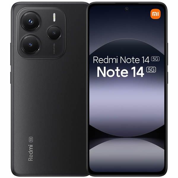 Se muestra el smartphone Redmi Note 14 negro, tanto por delante como por detrás