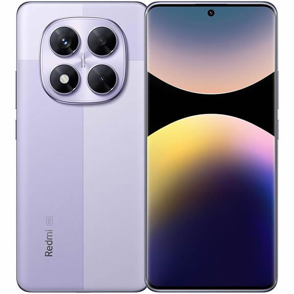 Se muestra el smartphone Redmi de color lavanda por delante y por detrás, con módulo de triple cámara y pantalla a color.