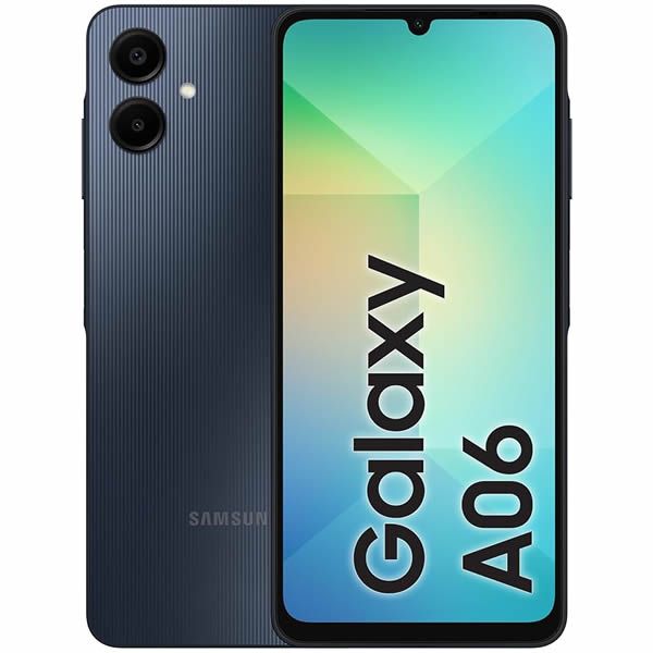 Smartphone Samsung Galaxy A06 de color azul oscuro con parte trasera a rayas